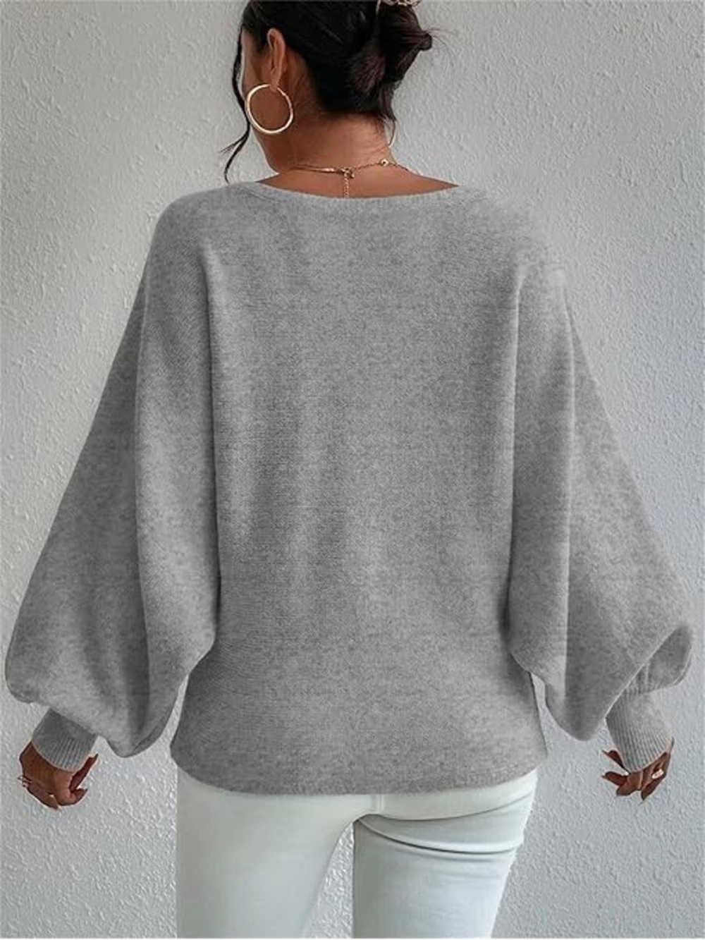 Off-the-Shoulder Gray Graphic Balloon Sleeve Sweater - Picture 2 of 3